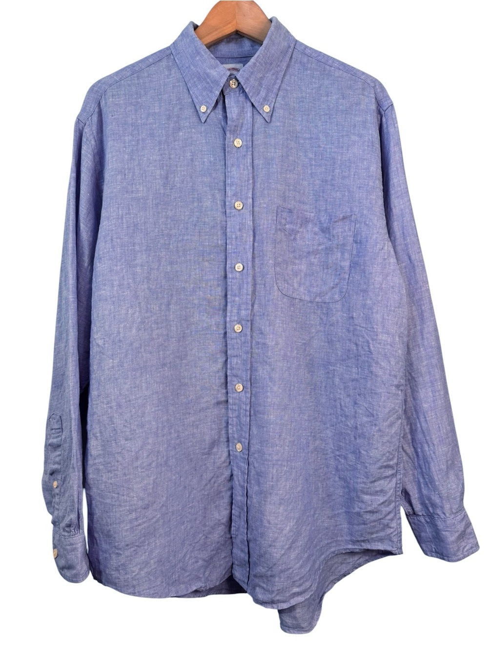 Brooks Brothers 346 100% Linen Button Down Shirt Mens Medium Long Sleeve Blue